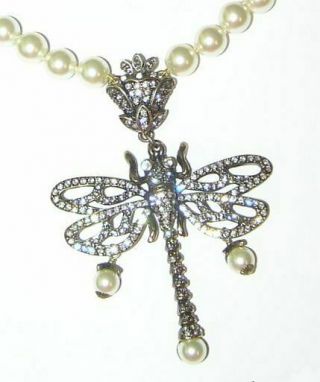 Lavish Heidi Daus Dragonfly Swarovsky Crystals Faux Pearls Necklace 17 ",