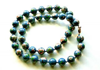 Vintage Hand Knotted Blue / Multi Cloisonné Flower Motif 14mm Bead 28 " Necklace