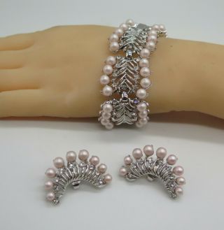 Crown Trifari Faux Pearl Bracelet And Earrings Set