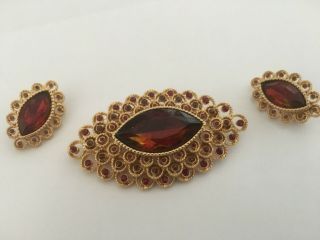 Coro Craft Vintage Topaz Colored Rhinestone Brooch And Earring Set