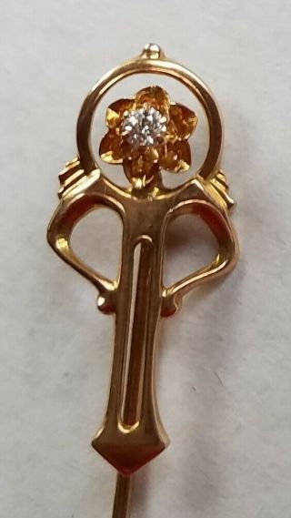 Transitional Nouveau / Jugenstil / Art Deco 10k Gold Diamond Stick Pin