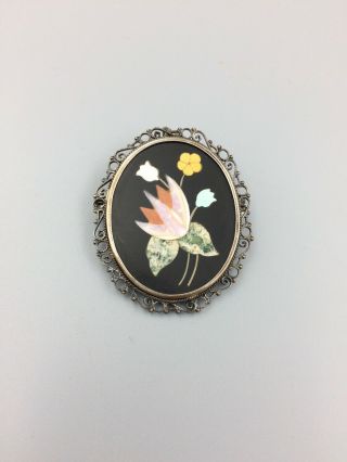 Vintage Pietra Dura Inlaid Stone Flower Pendant / Pin