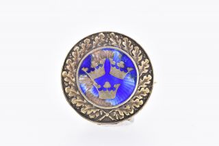 Vintage Swedish Sterling Silver 3 Crowns Brooch Pin 925 Sweden Kings Blue Enamel
