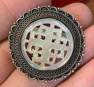 Vintage Carved Mother Of Pearl & 935 Sterling Silver Pin From Jerusalem