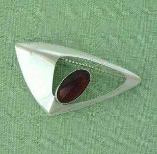 Niels Erik N E From Denmark Modernist Sterling Brooch / Pin With Amber Cabochon