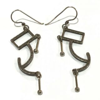 Vintage Sterling Silver Hand Made Modernist Hook Dangle Earrings 2 1/8” Long