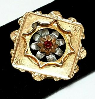 Antique Victorian Gold Filled Brooch Pin Ruby Colored Stone Ornate Etched Flower