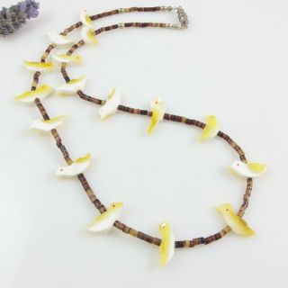 Vintage Fetish Bird Necklace - Heishi Shell? Brown Beads Yellow & White Birds