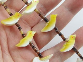 Vintage Fetish Bird NECKLACE - Heishi Shell? Brown Beads Yellow & White Birds 2