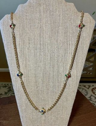 Vintage Gold Tone Necklace With Green,  Blue And Red