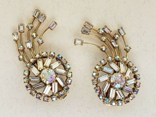 Vintage Signed Hobe Rhinestone And Ab Clip Earrings Rhodium Plated 2 Inch