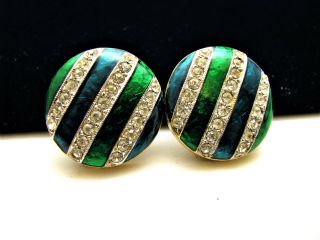 Vintage Blue & Green Enamel Clear Rhinestones Stripped Round Earrings