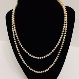 Vintage Faux Pearl Necklace Gold Tone Clasp Hand Knotted Long 36 " 4mm Beads
