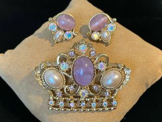 Vintage 1928 Embellished Regal Crown Brooch And Pierced Earrings Set