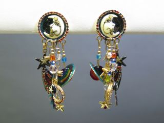 Lunch At The Ritz Celestial Moon And Stars Dangle Enamel Earrings Clip On