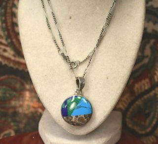 Vintage 925 Sterling Silver Mexico Turquoise Malachite Pendant Chain Necklace