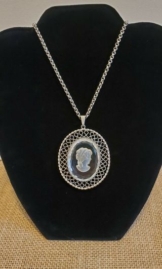 Vintage Whiting & Davis Cameo Necklace Clear Glass Intaglio 2 ",  Signed