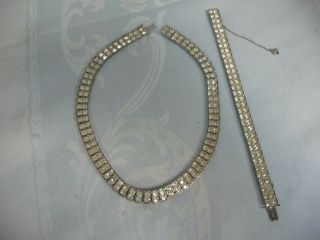 Vintage Invisible Art Deco Set - R.  S.  Necklace & Bracelet - Rhodium Plating