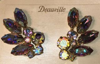 Large Aurora Borealis Rhinestone Clip On Earrings By Deauville Vintage Glamour