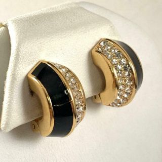 Vintage Christian Dior Black Enamel Crystal Gold Tone Clip On Earrings 20o2