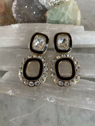 Vintage Christian Dior Clip - On Earrings - Golden With Black Enamel And Crystals