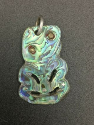 Vintage Zealand Sterling Silver Paua Abalone Carved Tiki Pendant Fob Charm