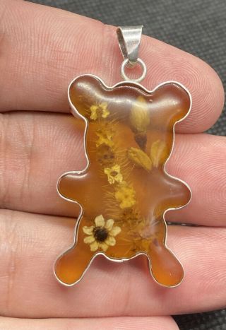 Vintage Sterling Silver 925 Teddy Bear Floral Resin Inlay Dangle Pendant