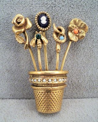 Vintage Figural Flower Pot Brooch Stick Pin Flowers: Bee Rose Cameo Snake Pansy
