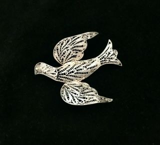 Antique Silver Filigree Bird Pin Brooch Mexican Silver C Clasp