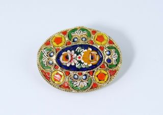 Vintage Oval Floral Micro Mosaic Brooch Made In Italy