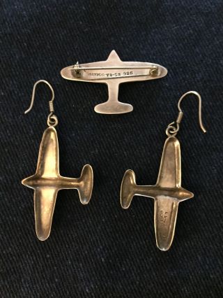Vintage Mexican Sterling Silver 925 Airplane Pin and Earrings Set 2