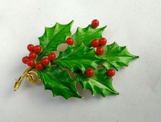 Weiss Enamel Holly Berry Christmas Pin Signed Green Red Holiday Party