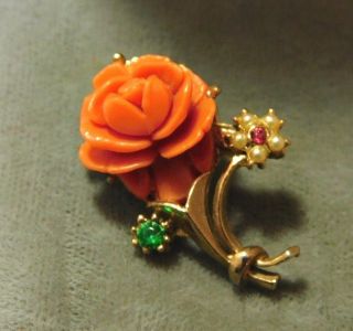 Vintage Faux Coral Lucite Rose Flower Gold Tone Rhinestones Brooch Pin 11e 102