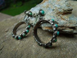 Vintage Sterling Silver Screw Back Green Turquoise Dangle Hoop Earrings Mexico