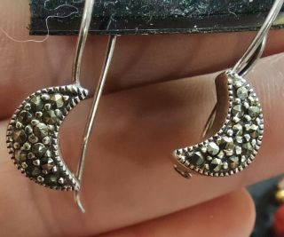 Antique Sterling Silver And Marcasite Moon Shaped Earrings