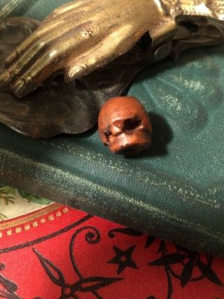 Rare Antique Georgian Wood Skull Rosary Bead Memento Mori Mourning