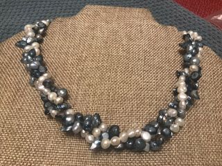 Vintage Estate 3 - Strand Real Pearl White And Denim Blue Necklace Gorgeous 17 - 18”