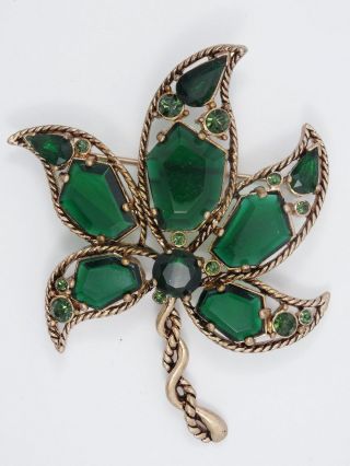 Vintage Signed " Kc " Kenneth Cole Rose Gold Tone With Faux Emerald Leaf Brooch