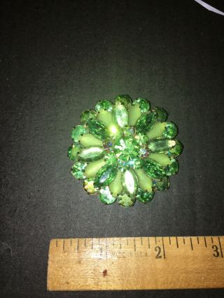 Vintage Uranium Glass With Frosted And Ab Rhinestone Brooch Gorgeous