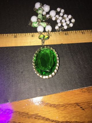 Huge Vintage Uranium Vaseline Glass Necklace With Pendant And Milk Glass Beads