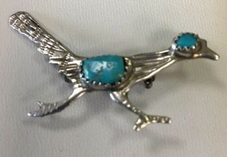 Vintage Native American Signed Sterling Silver Turquoise Road Runner Pin Brooch