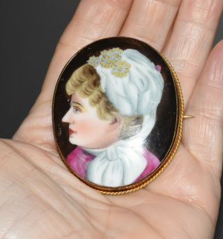 Antique Victorian Hand Painted Porcelain Portrait Plaque Gold Filled Pin Brooch