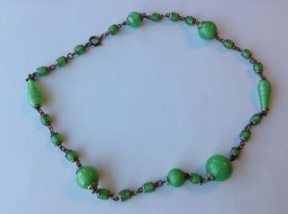 Vintage Art Deco Czech Green Moonstone Glass Beads Necklace