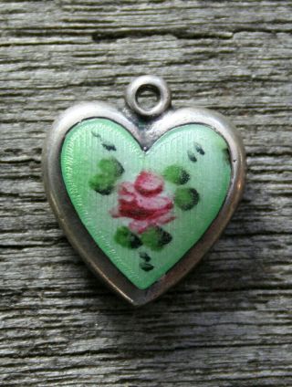 Vintage Sterling Puffy Heart Charm - Guilloche With Green Enamel & Pink Rose