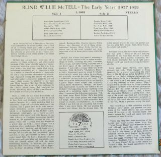 Blind Willie McTell - 1927 - 1933 The Early Years - 1968 USA Yazoo LP - EX 3