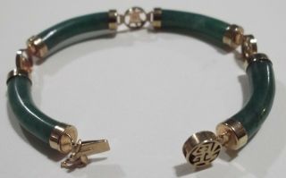 Vintage Asian Dark Green Jadeite Jade Tube Link Segment Gold Tone Bracelet