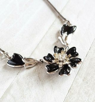 Vintage Barclay 14 " Choker Necklace,  Black Flower & Clear Rhinestones