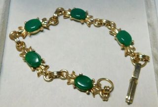 Vintage Scarab Style Jade Green Glass Cabochon Gold Tone 7.  5 " Bracelet 3a 74
