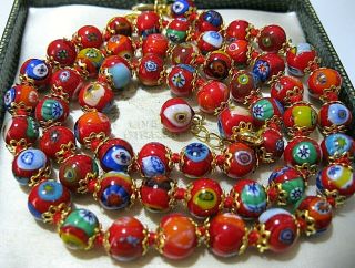 Red Millefiori Venetian Murano Glass Bead 24 " Long Vintage Style Necklace
