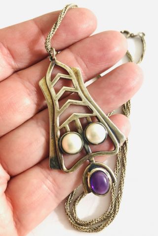 Art Nouveau Style Silver Amethyst And Pearl Stone Set Pendant And Chain,  925